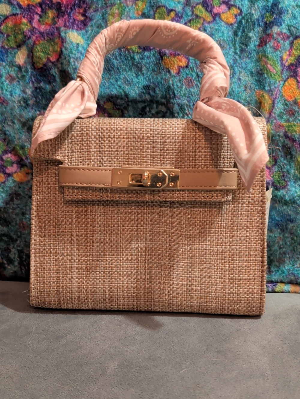 Francesca Beige Woven Top-Handle Bag with Pink Scarf Accent